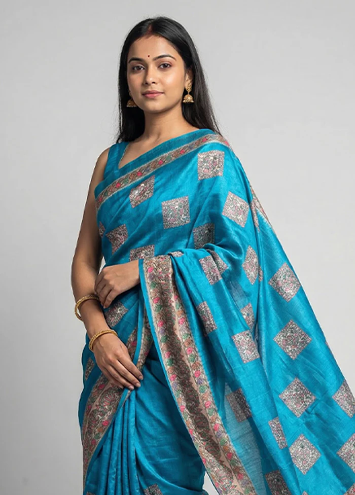 Blue Cotton Saree With Blouse Piece - Image 2