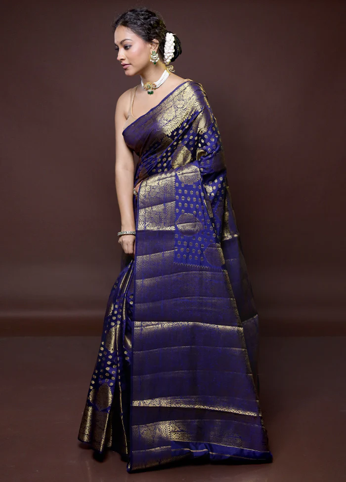 Blue Dupion Silk Saree With Blouse Piece - Image 4