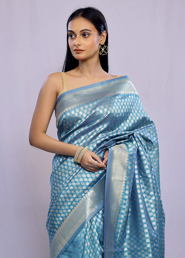 Blue Dupion Silk Saree With Blouse Piece