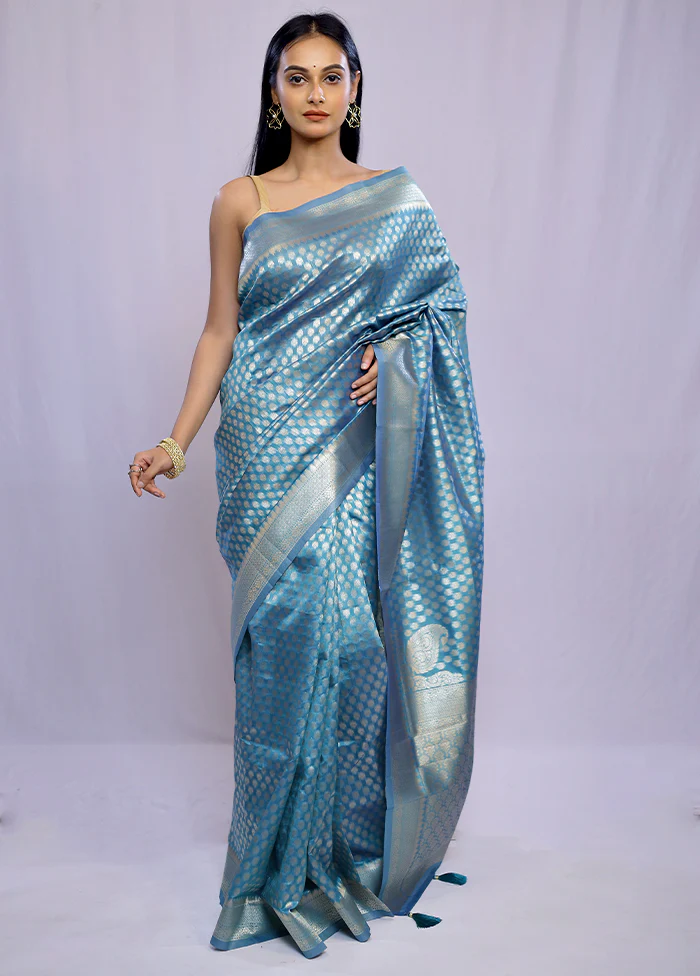 Blue Dupion Silk Saree With Blouse Piece - Image 3