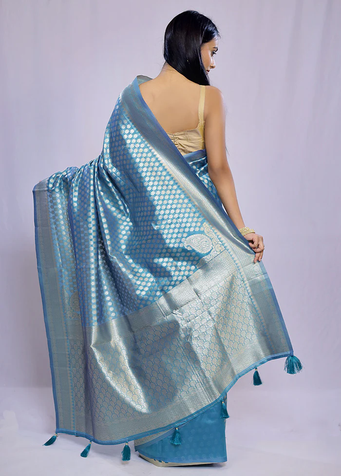 Blue Dupion Silk Saree With Blouse Piece - Image 4