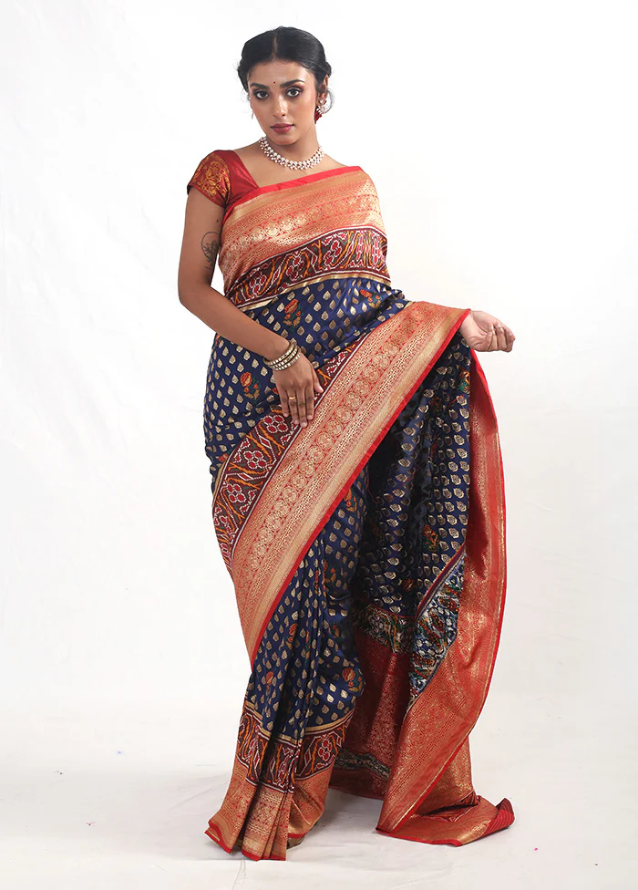 Blue Dupion Silk Saree With Blouse Piece - Image 2
