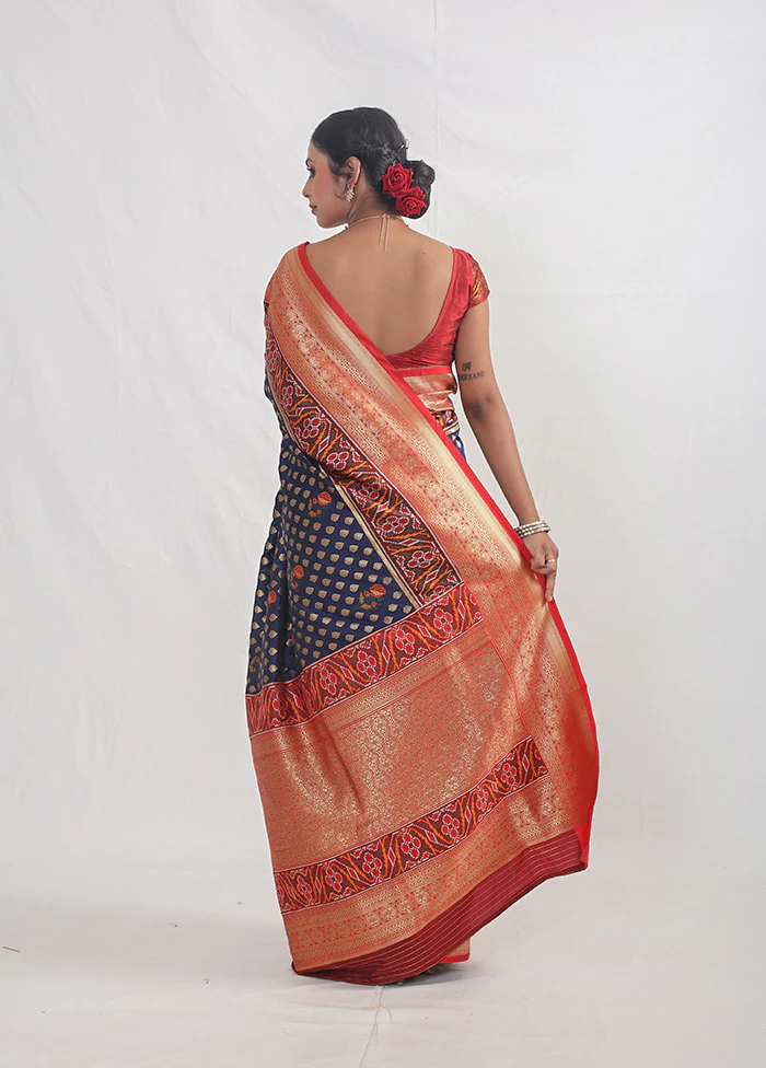Blue Dupion Silk Saree With Blouse Piece - Image 4