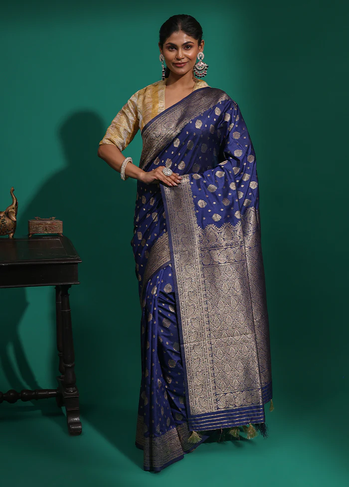 Blue Dupion Silk Saree With Blouse Piece - Image 2