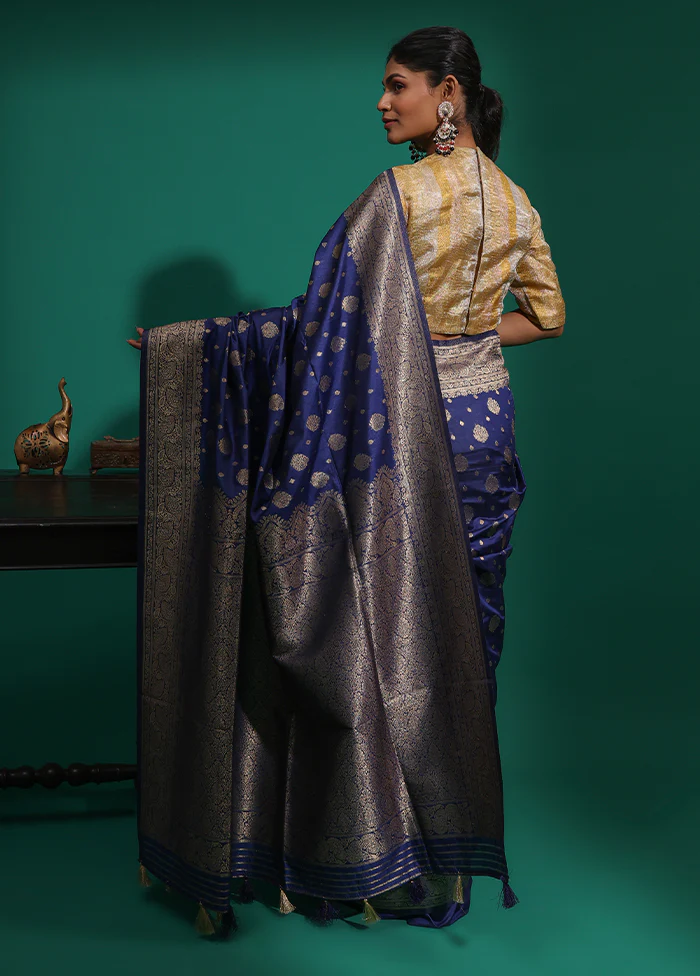 Blue Dupion Silk Saree With Blouse Piece - Image 3
