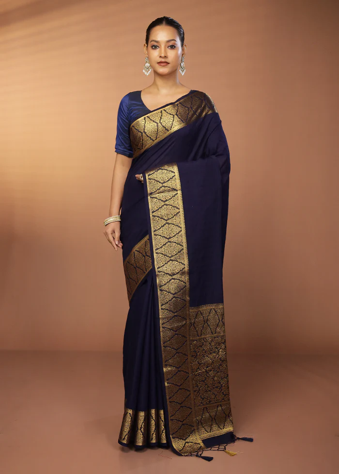 Blue Dupion Silk Saree With Blouse Piece - Image 2