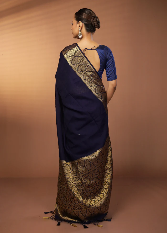 Blue Dupion Silk Saree With Blouse Piece - Image 3