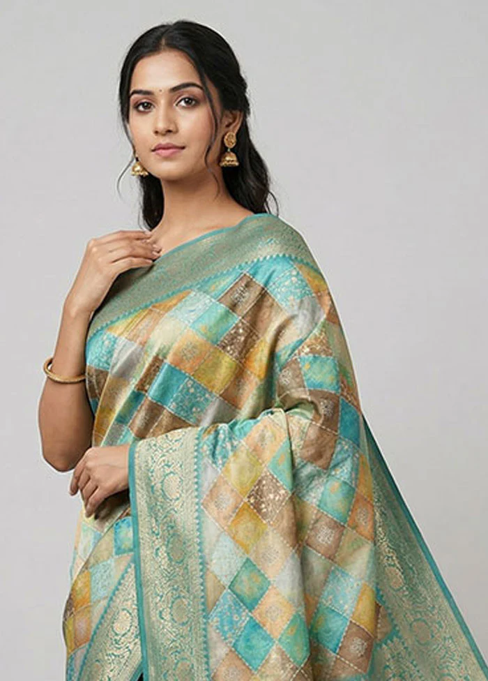 Blue Dupion Silk Saree With Blouse Piece - Image 2