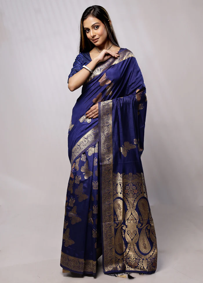 Blue Dupion Silk Saree With Blouse Piece - Image 2