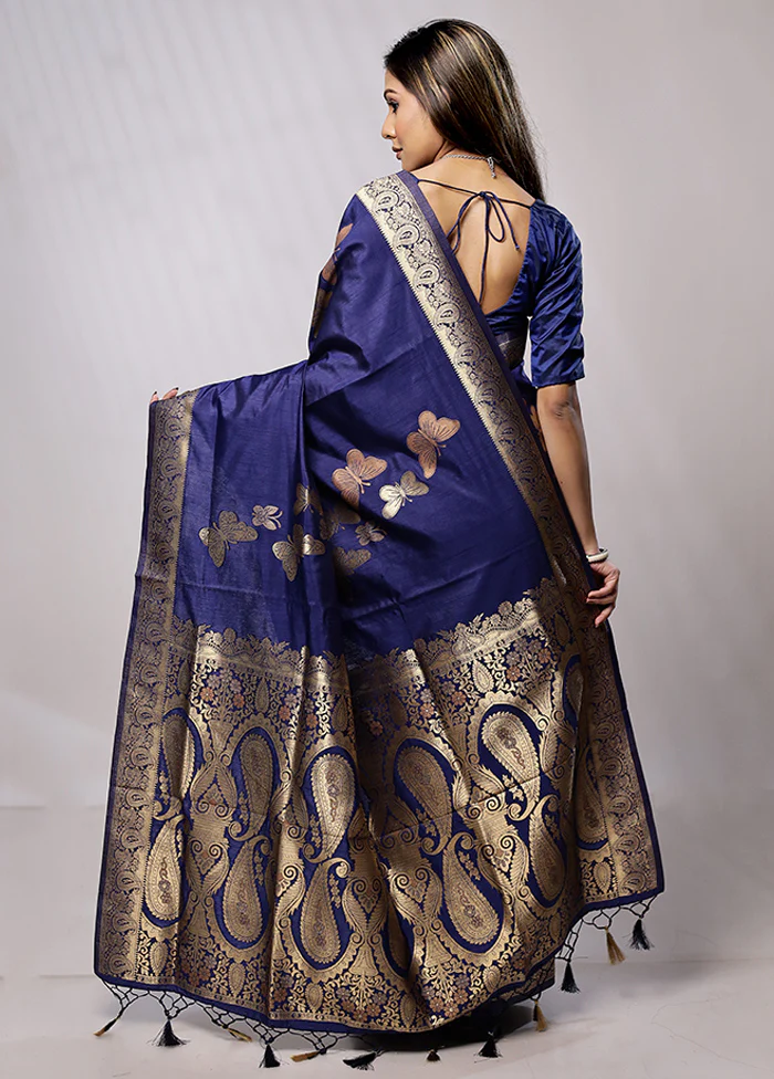 Blue Dupion Silk Saree With Blouse Piece - Image 3