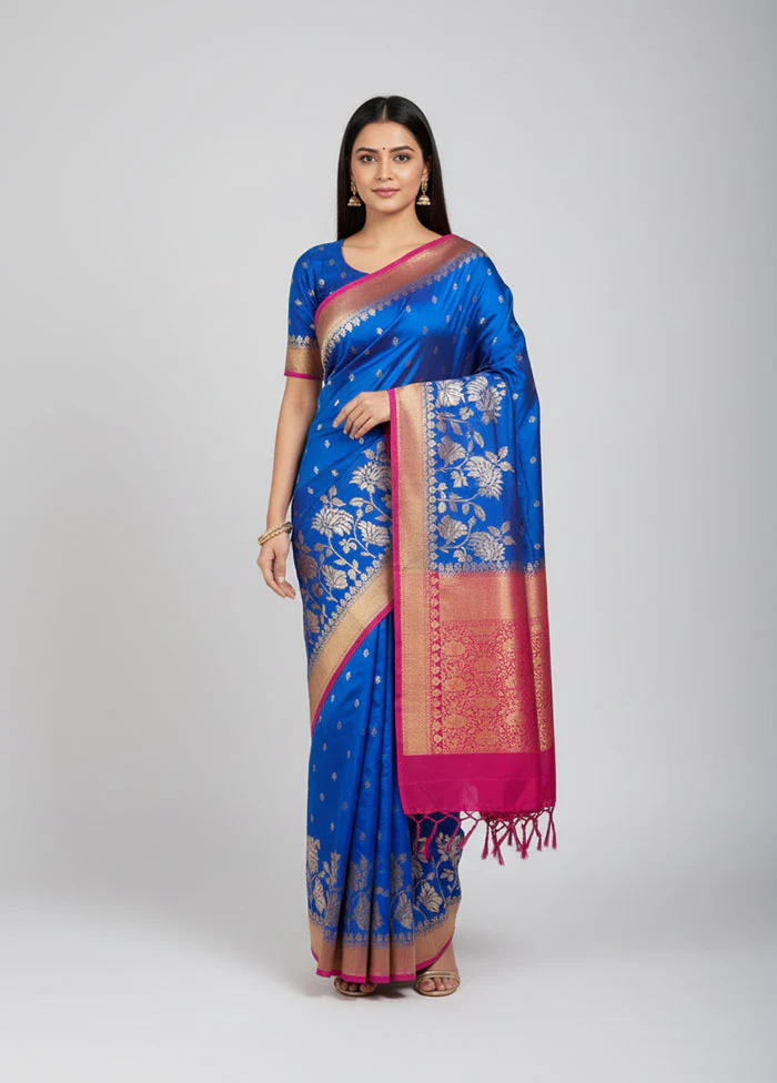 Blue Dupion Silk Saree With Blouse Piece