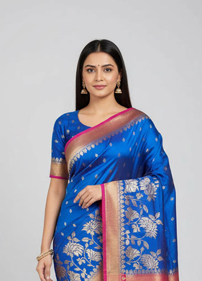 Blue Dupion Silk Saree With Blouse Piece - Image 2