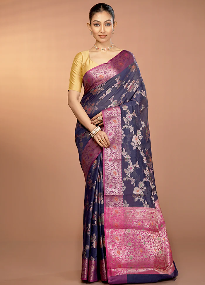 Blue Dupion Silk Saree With Blouse Piece - Image 2