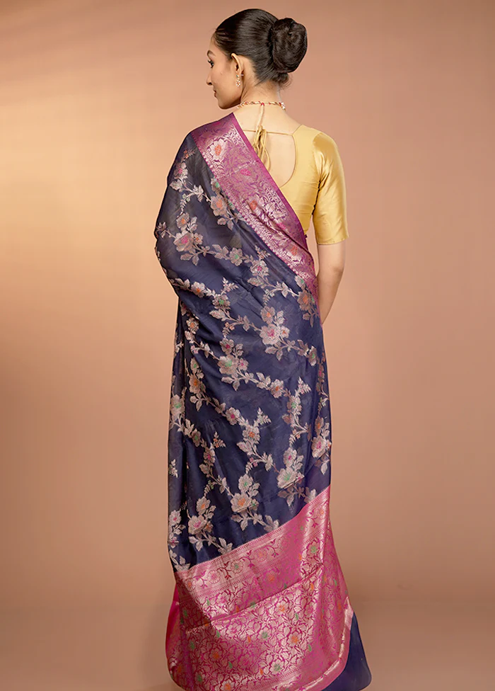 Blue Dupion Silk Saree With Blouse Piece - Image 3