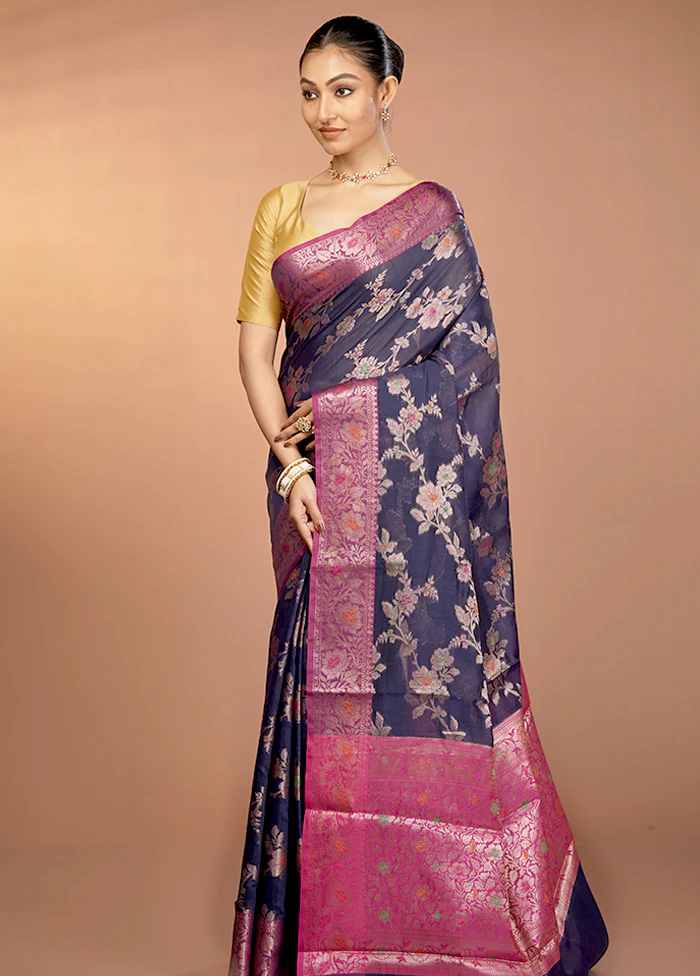 Blue Dupion Silk Saree With Blouse Piece - Image 4
