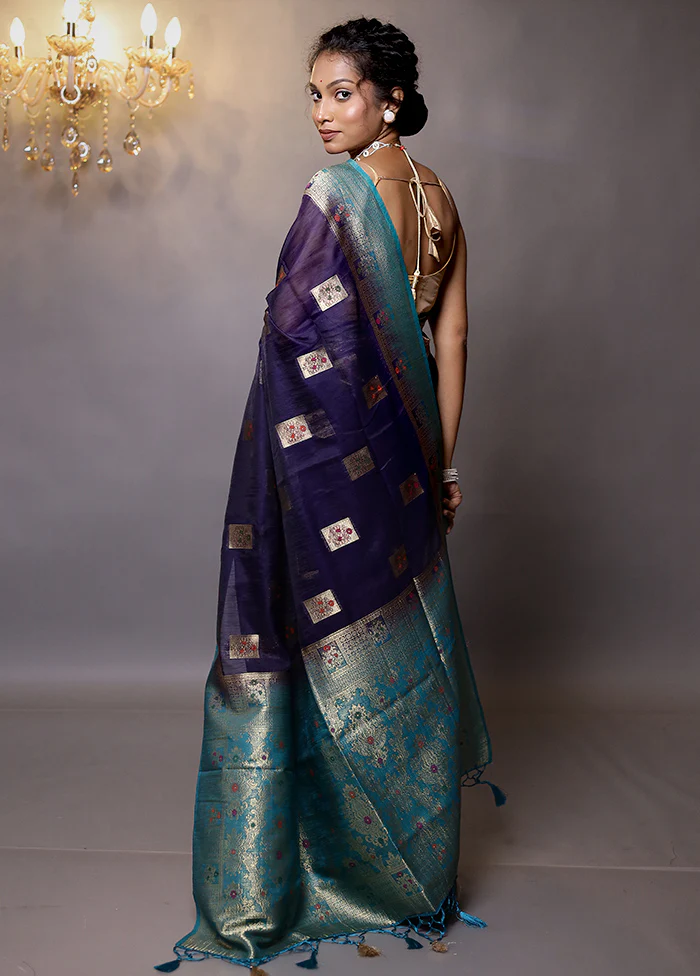 Blue Dupion Silk Saree With Blouse Piece - Image 3