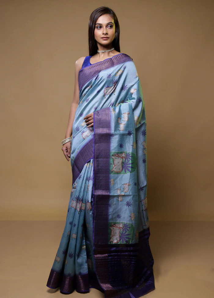 Blue Dupion Silk Saree With Blouse Piece - Image 2