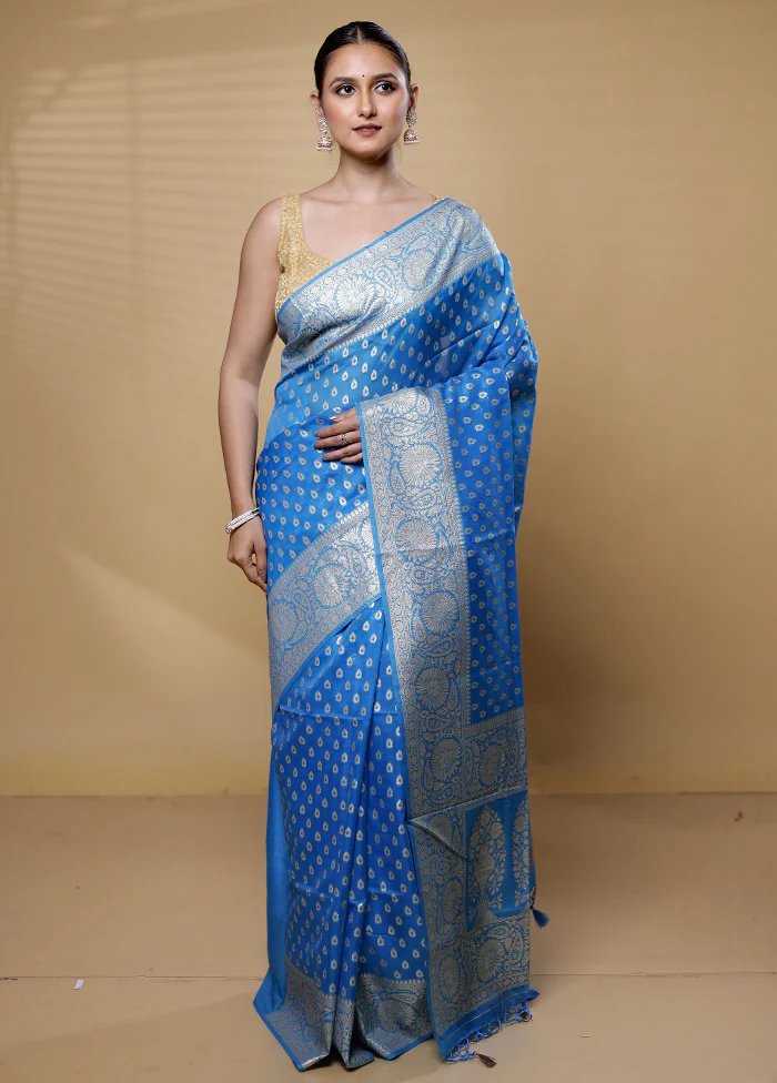 Blue Dupion Silk Saree With Blouse Piece - Image 2