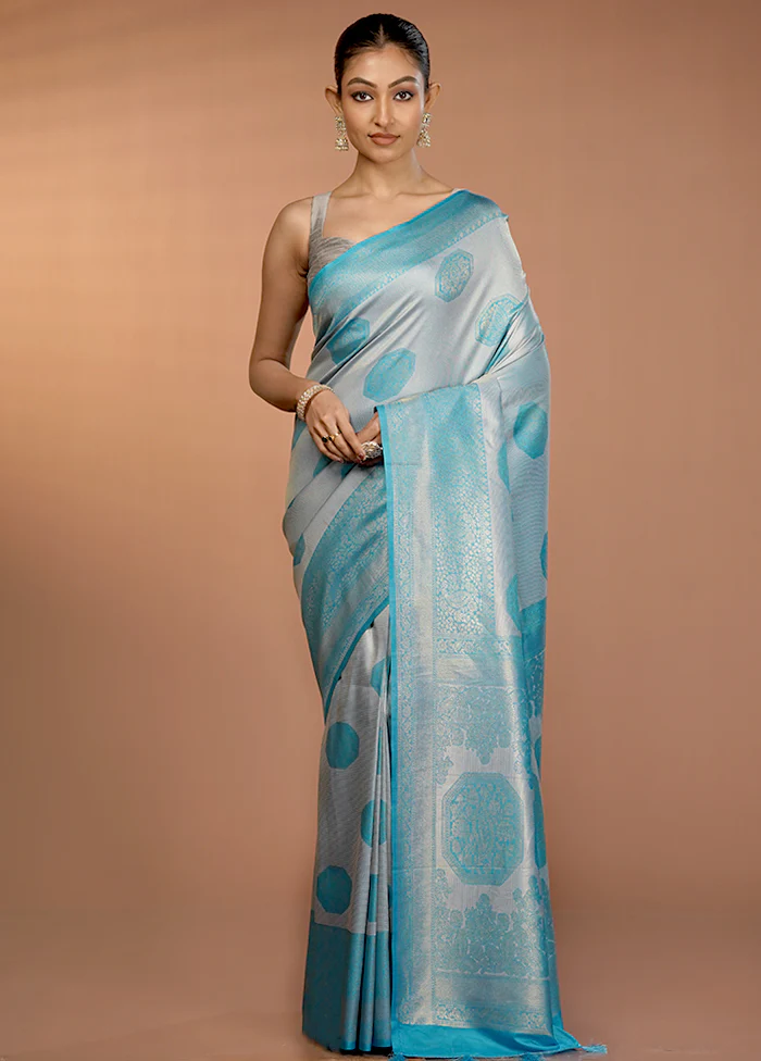 Blue Dupion Silk Saree With Blouse Piece - Image 2