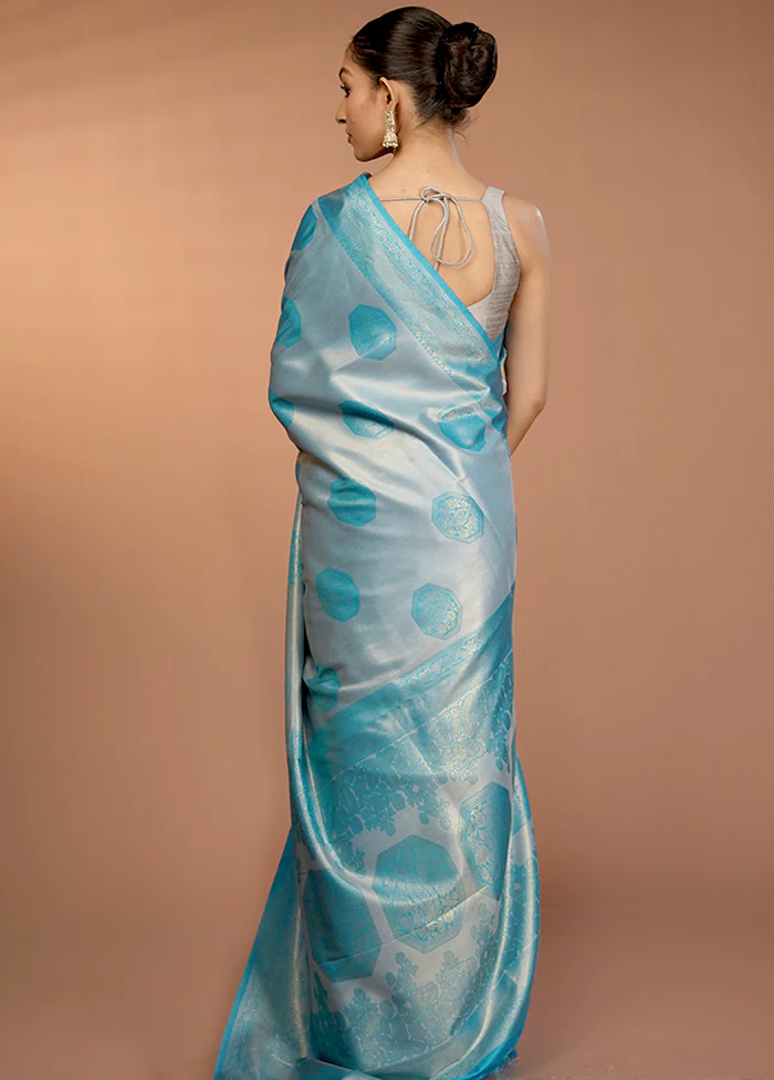 Blue Dupion Silk Saree With Blouse Piece - Image 3
