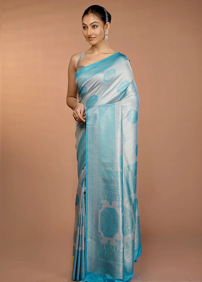Blue Dupion Silk Saree With Blouse Piece - Image 4