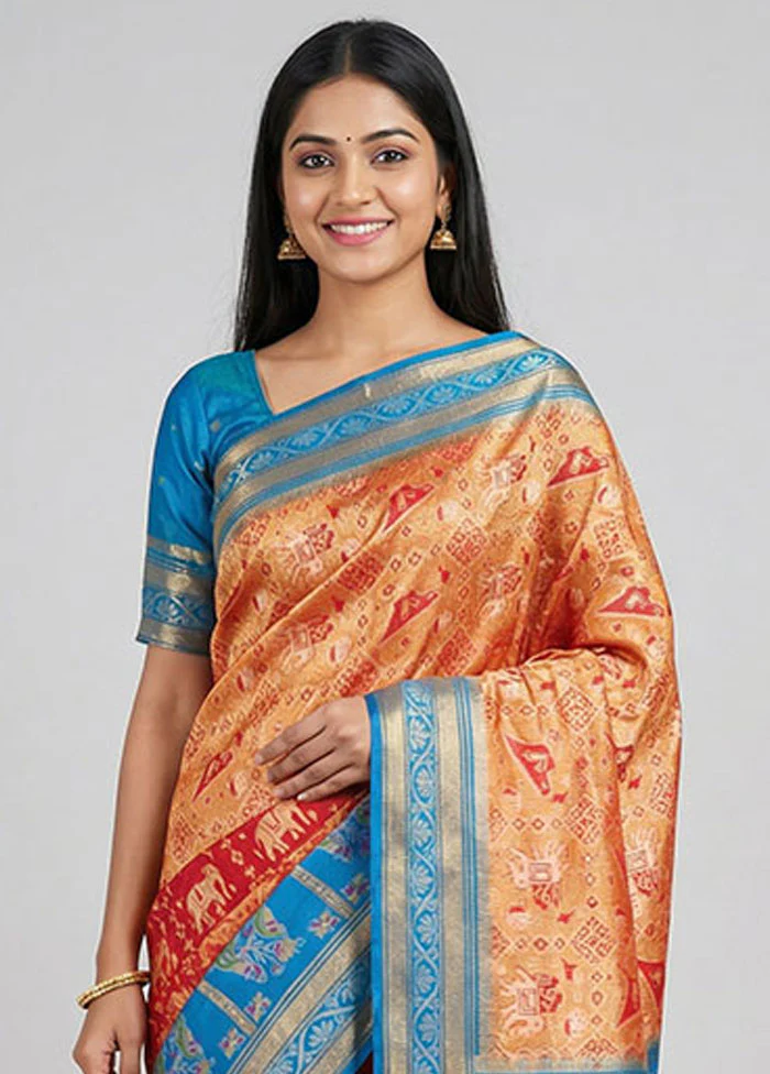 Blue Dupion Silk Saree With Blouse Piece - Image 2