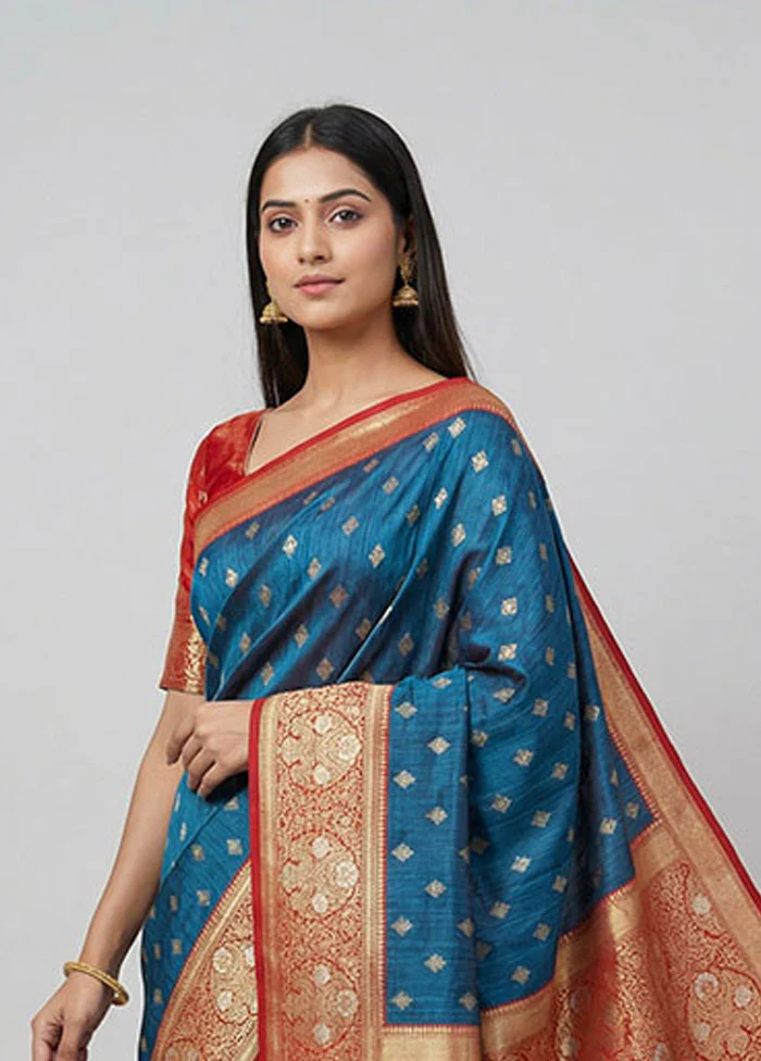 Blue Dupion Silk Saree With Blouse Piece - Image 2