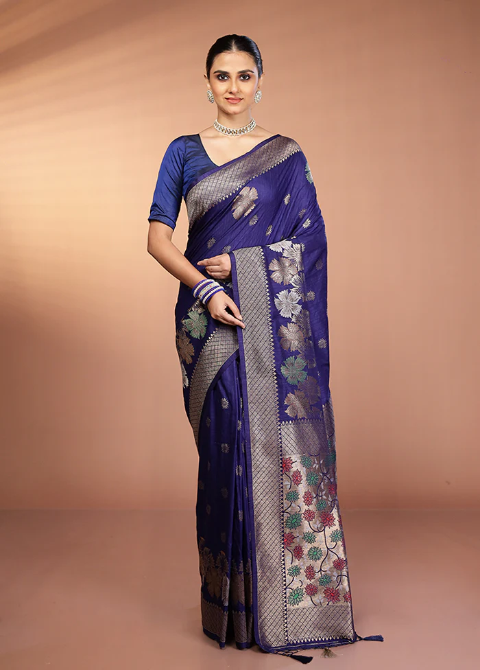 Blue Dupion Silk Saree With Blouse Piece - Image 2