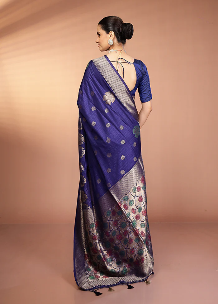 Blue Dupion Silk Saree With Blouse Piece - Image 3