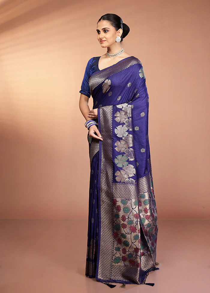 Blue Dupion Silk Saree With Blouse Piece - Image 4