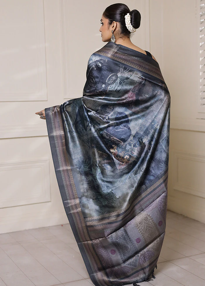 Blue Dupion Silk Saree With Blouse Piece - Image 3