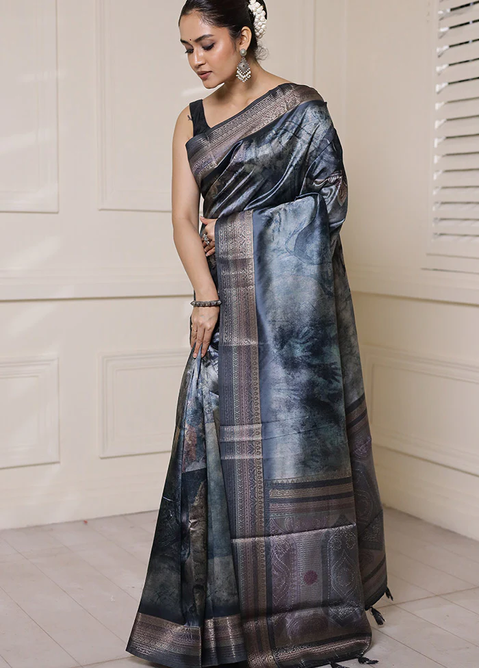 Blue Dupion Silk Saree With Blouse Piece - Image 4