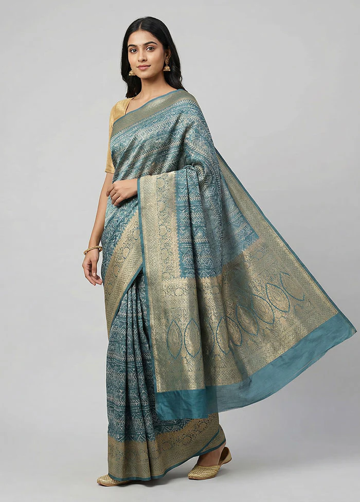 Blue Dupion Silk Saree With Blouse Piece
