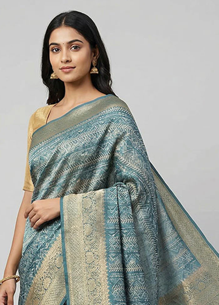 Blue Dupion Silk Saree With Blouse Piece - Image 2