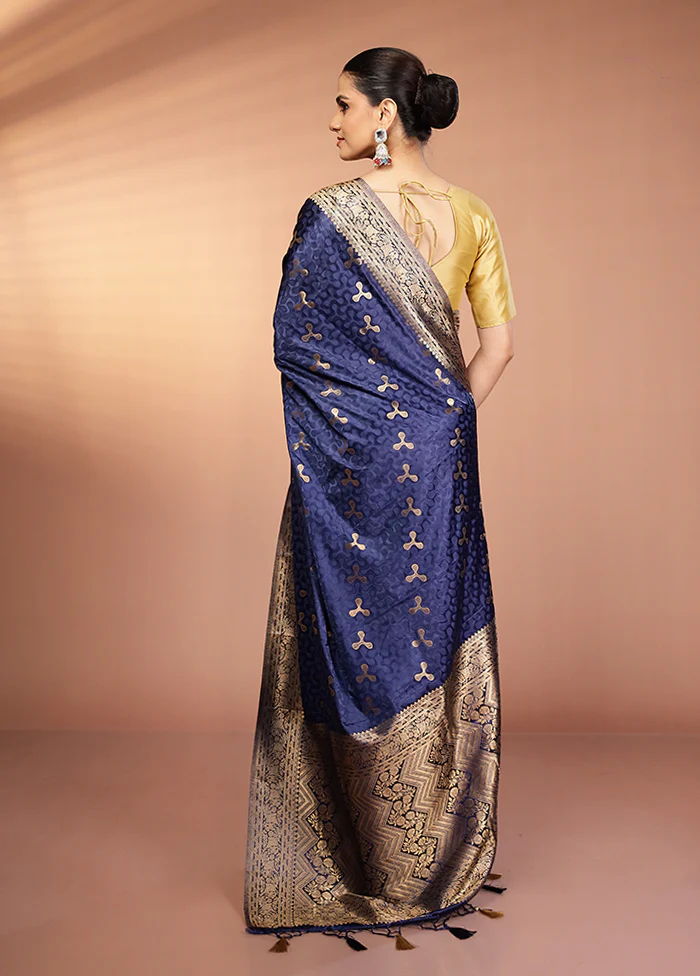 Blue Dupion Silk Saree With Blouse Piece - Image 3