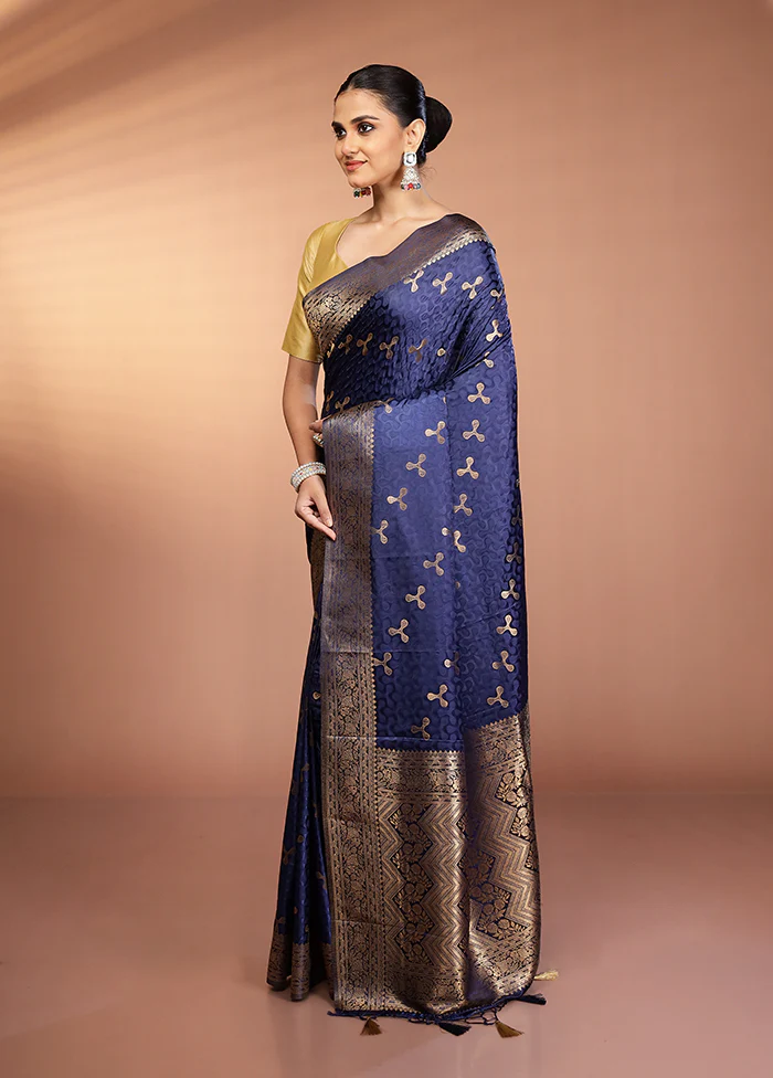 Blue Dupion Silk Saree With Blouse Piece - Image 4