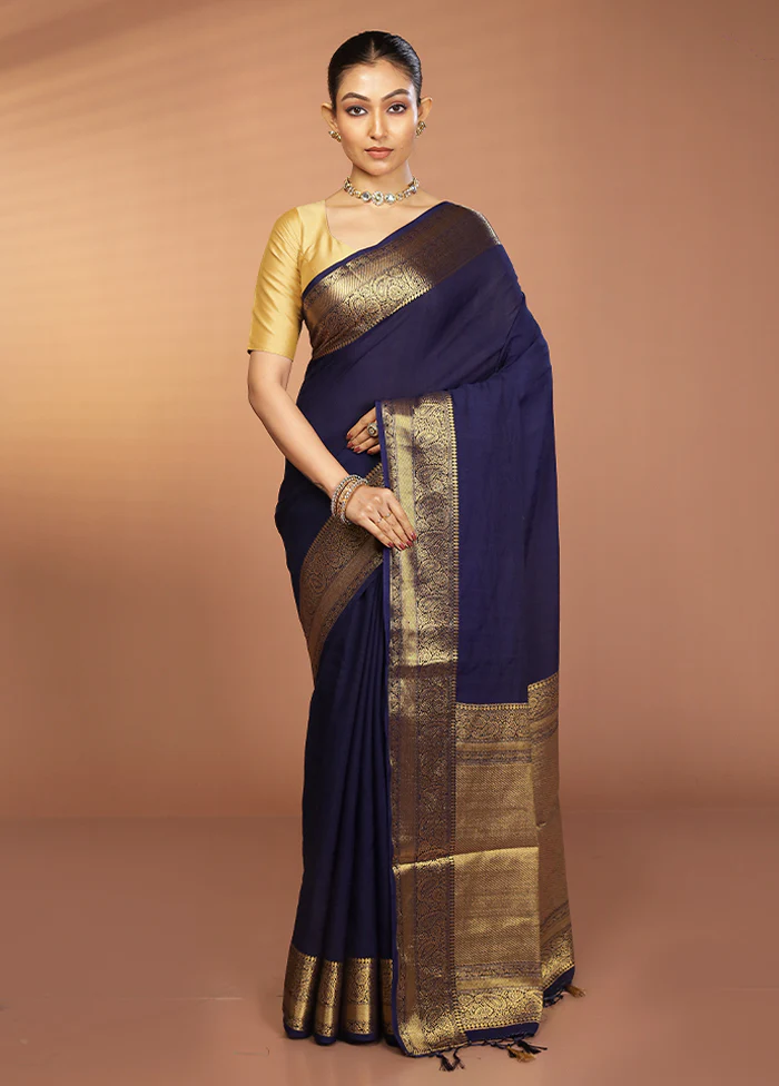 Blue Dupion Silk Saree With Blouse Piece - Image 2