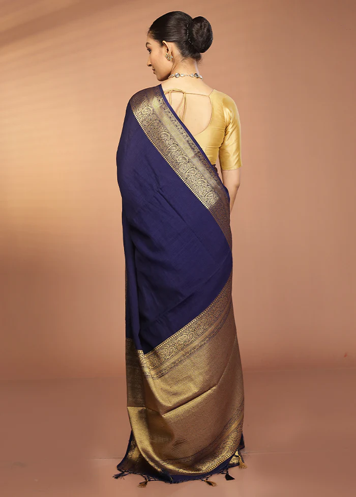 Blue Dupion Silk Saree With Blouse Piece - Image 3