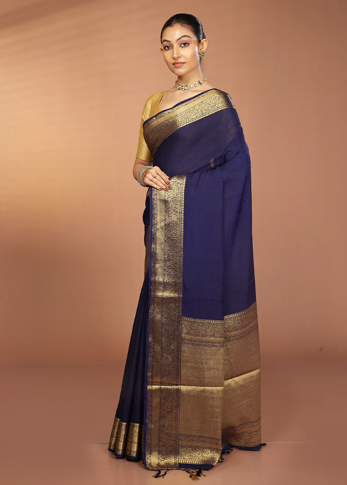 Blue Dupion Silk Saree With Blouse Piece - Image 4