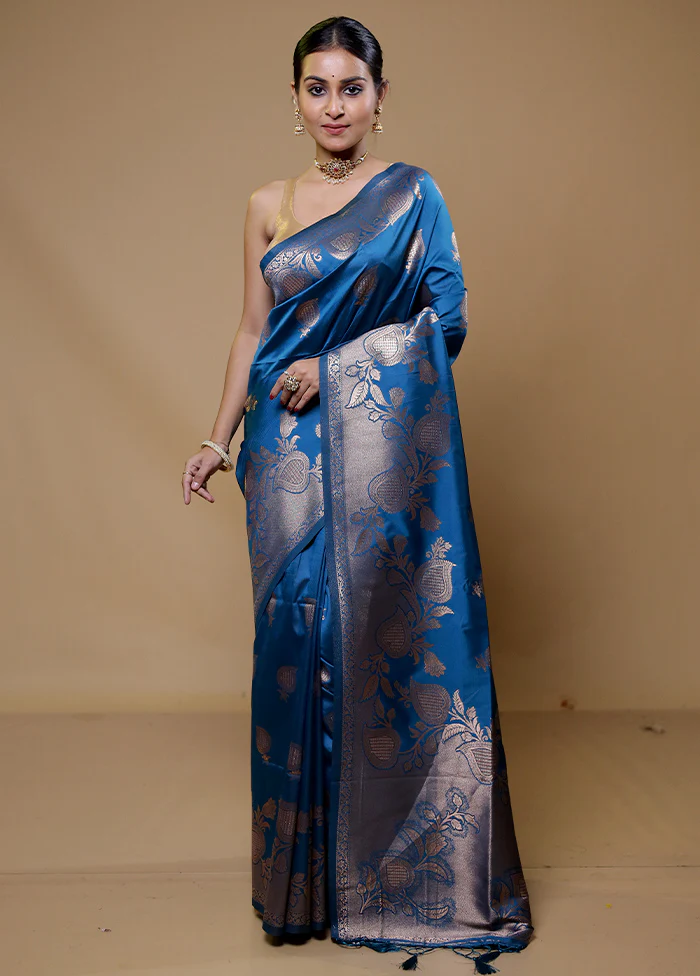 Blue Dupion Silk Saree With Blouse Piece - Image 2