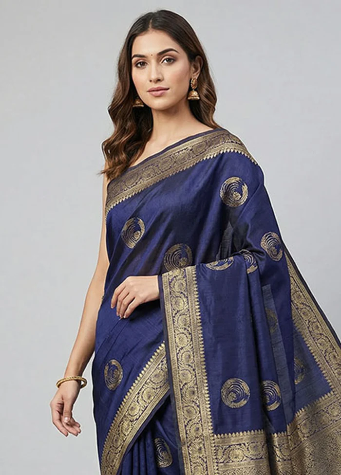 Blue Dupion Silk Saree With Blouse Piece - Image 2