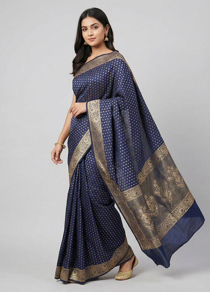 Blue Dupion Silk Saree With Blouse Piece