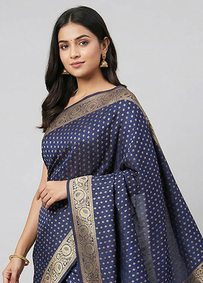 Blue Dupion Silk Saree With Blouse Piece - Image 2