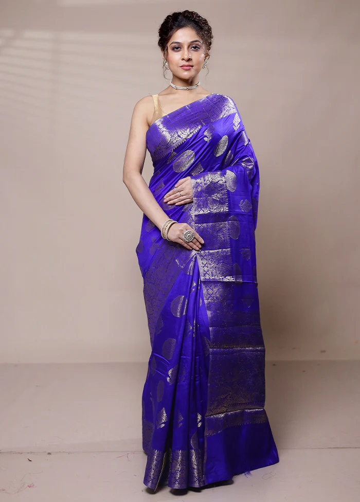 Blue Dupion Silk Saree With Blouse Piece - Image 2