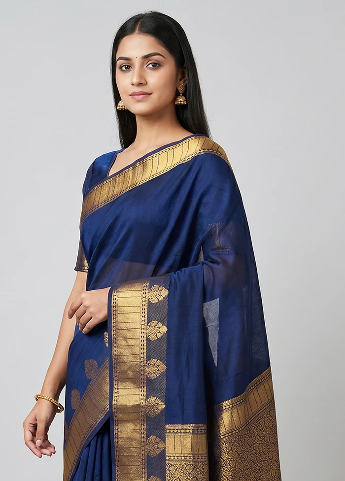 Blue Dupion Silk Saree With Blouse Piece - Image 2