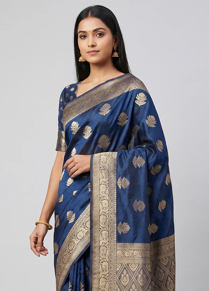 Blue Dupion Silk Saree With Blouse Piece - Image 2