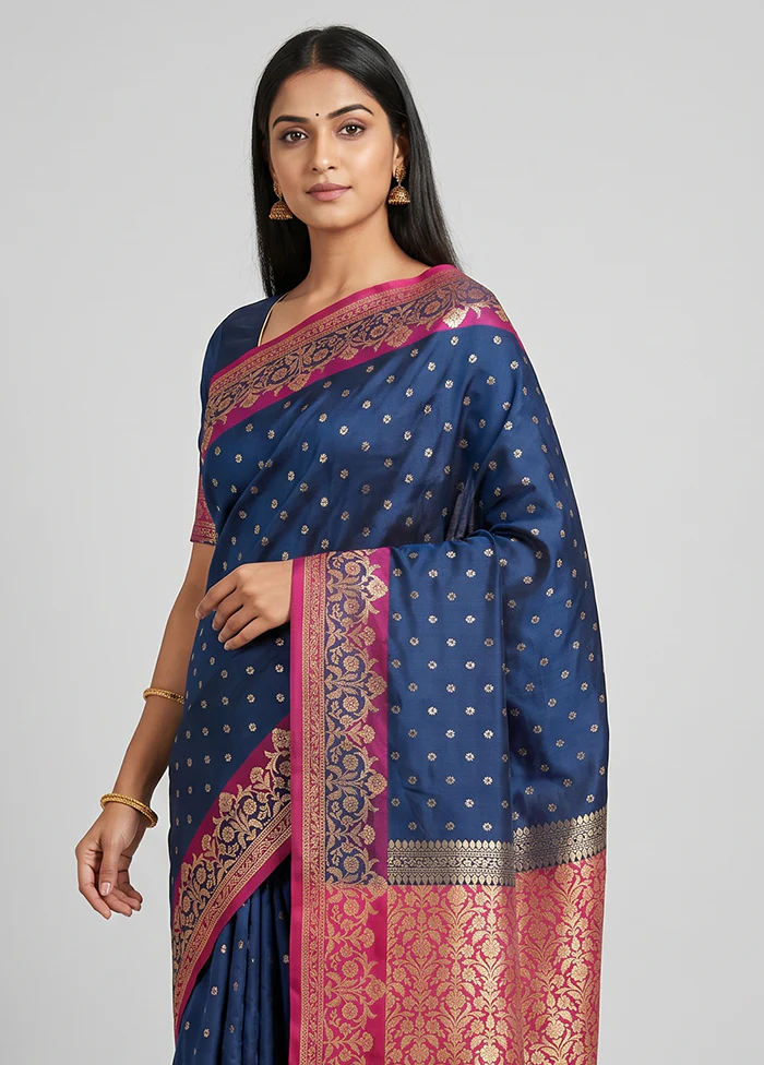 Blue Dupion Silk Saree With Blouse Piece - Image 2