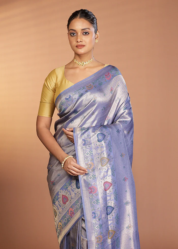 Blue Dupion Silk Saree With Blouse Piece