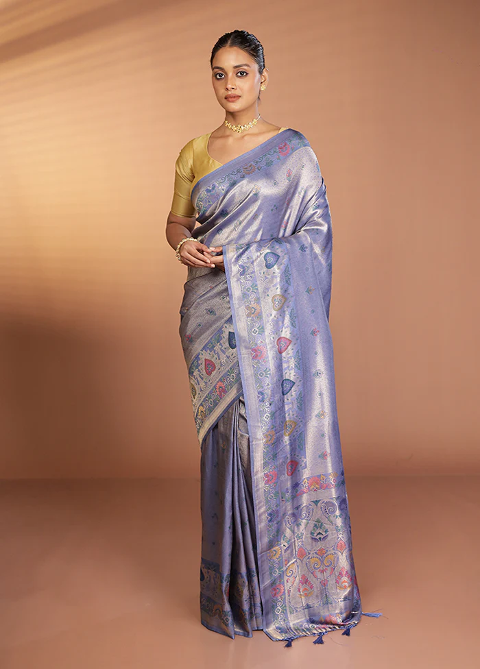 Blue Dupion Silk Saree With Blouse Piece - Image 2