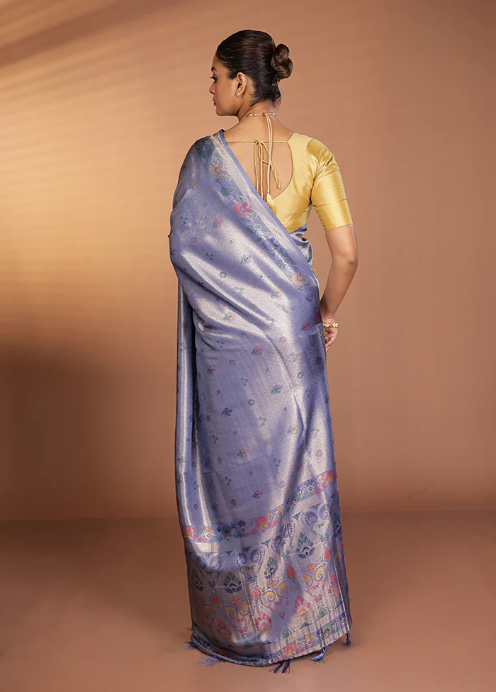 Blue Dupion Silk Saree With Blouse Piece - Image 3